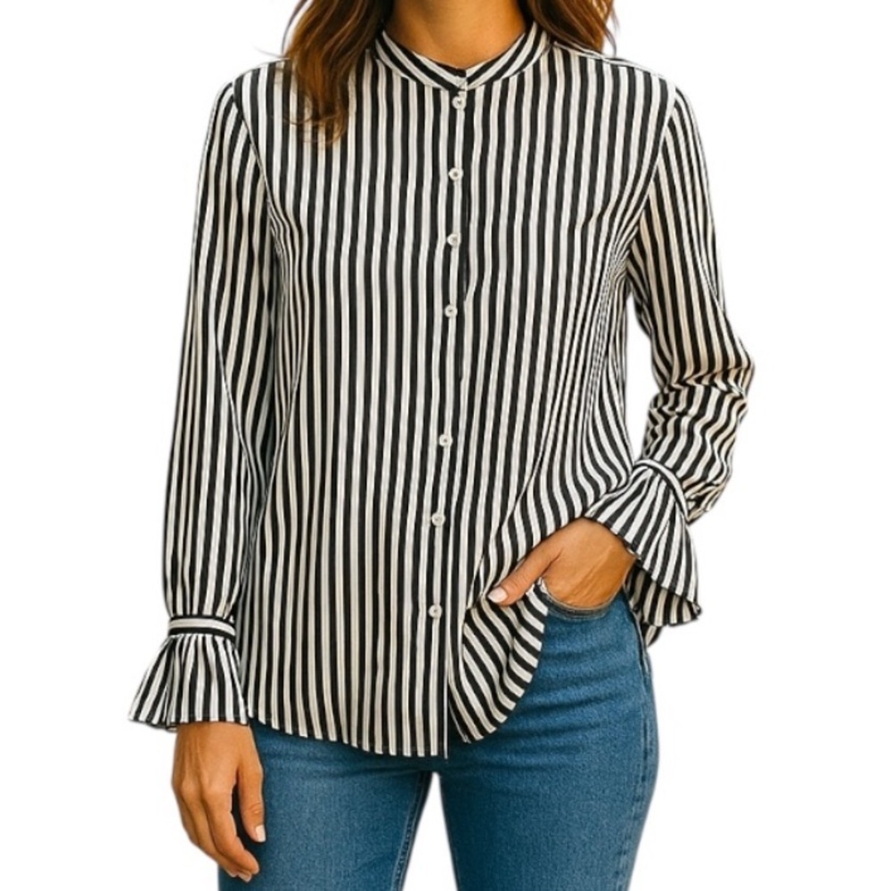 Ann Taylor Pleated Cuff Monochrome Striped Button-Down Blouse Women’s Medium